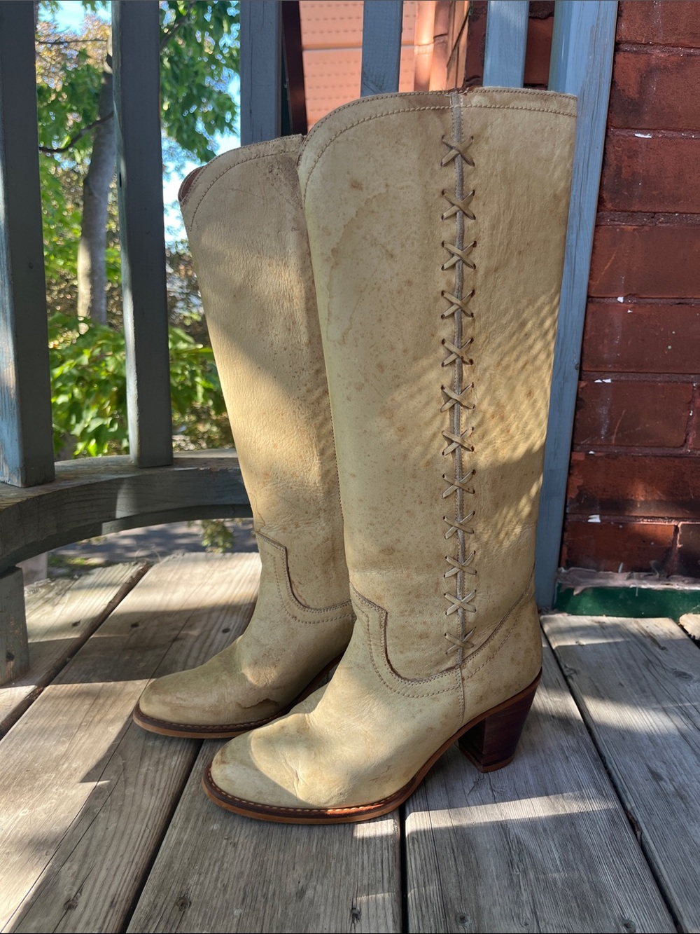 Chandlers 70s Vintage Leather Knee High Boots Cream Tan Corset Detail Heeled